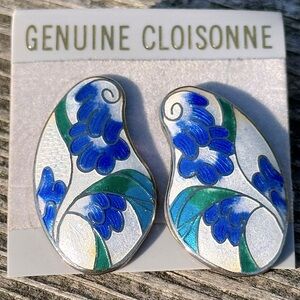 💙 Genuine Cloisonné Blue White Flower Kidney Shape Earrings
